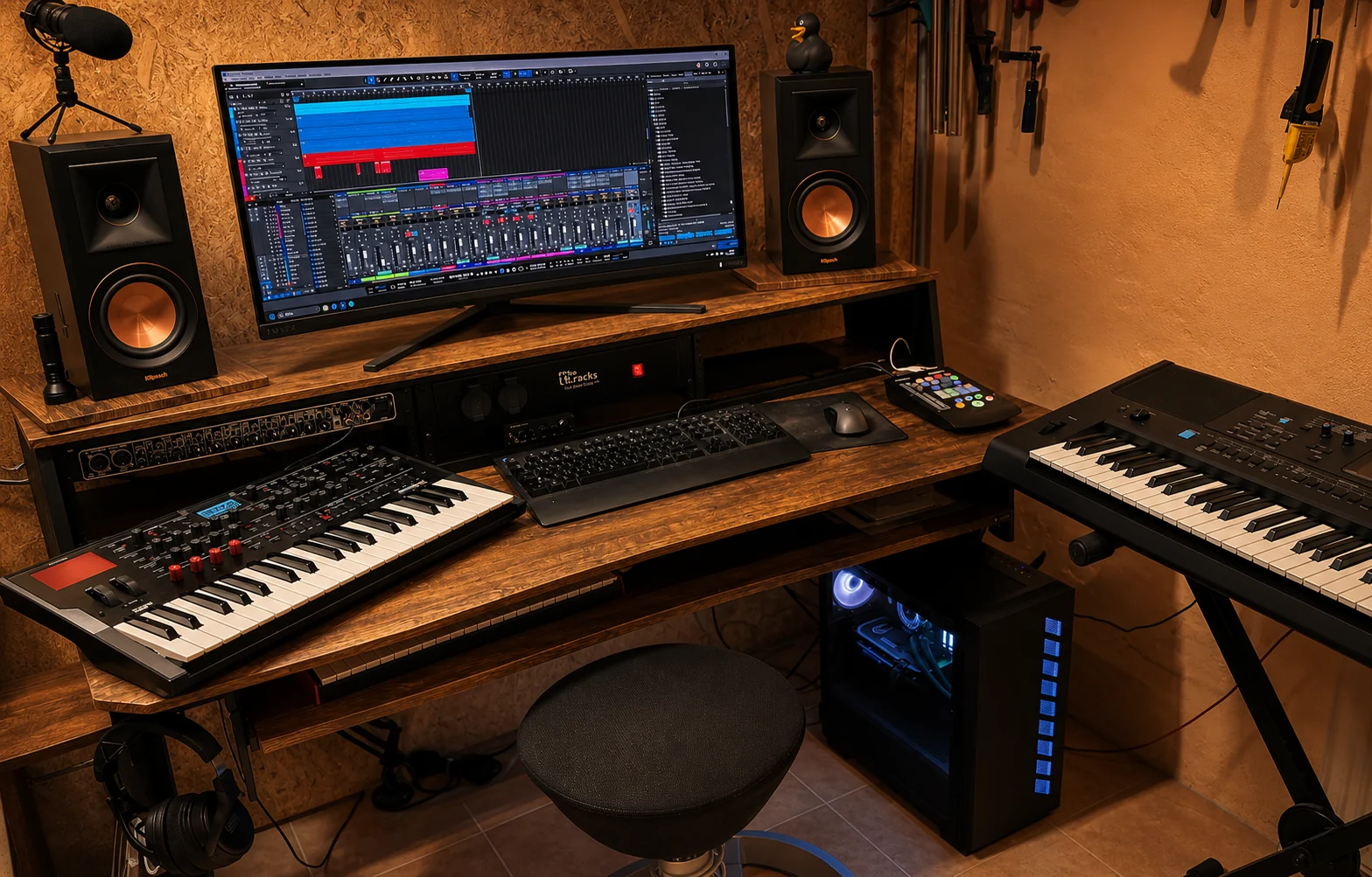 Das Homestudio von Flurstueck 42 mit Monitorlautsprechern, Synthesizern und Produktionsarbeitsplatz