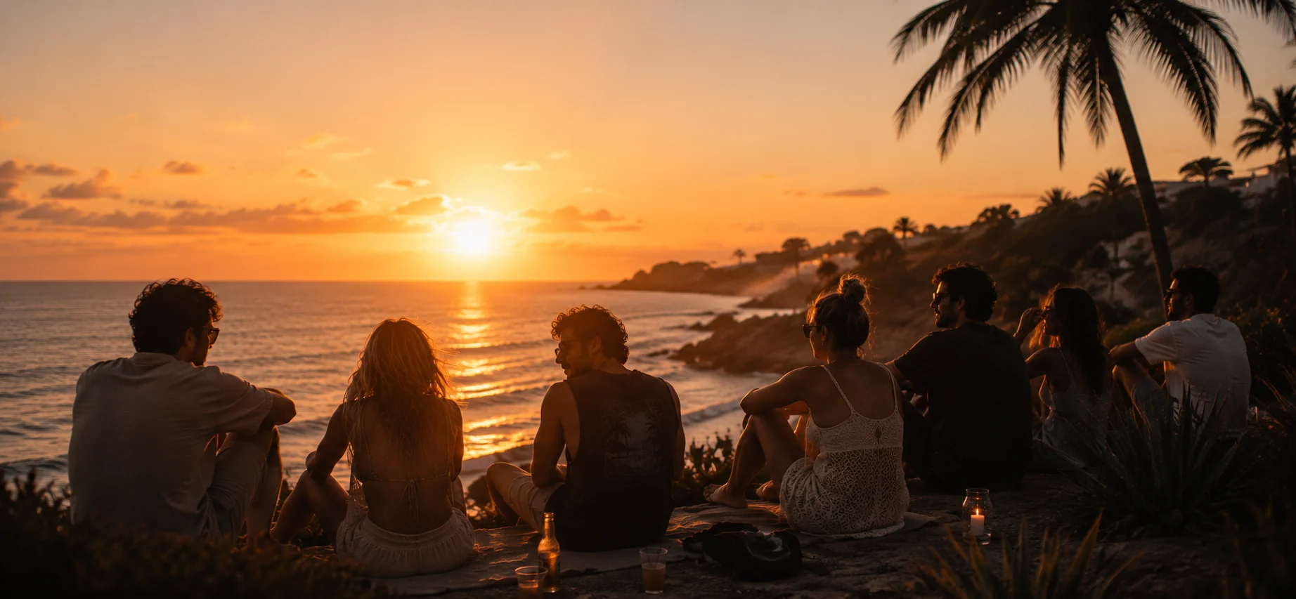 Freunde erleben gemeinsam einen Sonnenuntergang an der Küste