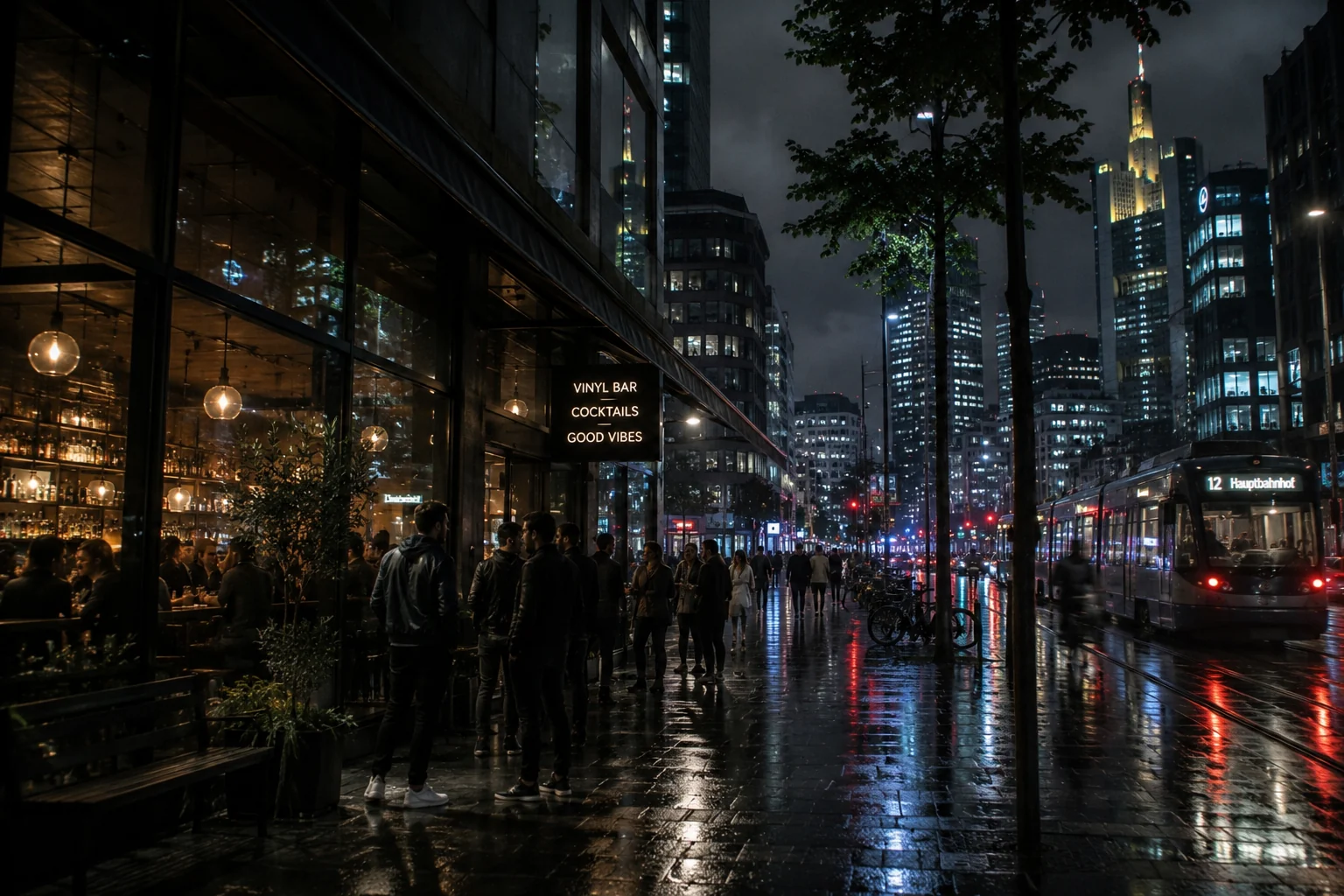 Urbane Nacht mit Lichtreflexionen auf nasser Straße